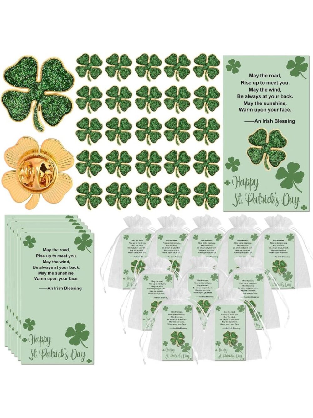 St. Patrick's Day Four Leaf Clover Lapel Pins - Bulk Set for Celebrations